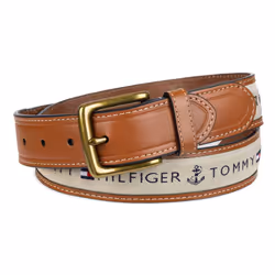 Tommy Hilfiger Men's Ribbon Inlay Belt - Ribbon Fabric Design with Single Prong Buckle  Khaki  38