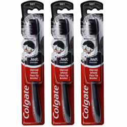 Colgate 360 Charcoal Infused Toothbrush  Floss-Tip Bristles  Soft (Colors Vary) - Pack of 3
