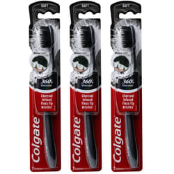 Colgate 360 Charcoal Infused Toothbrush  Floss-Tip Bristles  Soft (Colors Vary) - Pack of 3