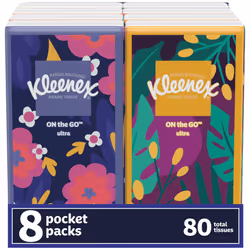Kleenex On-The-Go Facial Tissues  8 On-The-Go Packs  10 Tissues per Box  3-Ply (80 Total Tissues)  Packaging May Vary
