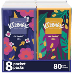 Kleenex On-The-Go Facial Tissues  8 On-The-Go Packs  10 Tissues per Box  3-Ply (80 Total Tissues)  Packaging May Vary