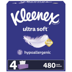 Kleenex Ultra Soft Facial Tissues  4 Flat Boxes  120 Tissues per Box  3-Ply (480 Total Tissues)  Packaging May Vary
