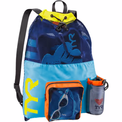 TYR Big Mesh Mummy Backpack for Wet Swimming Gym and Workout Gear Blue/Yellow