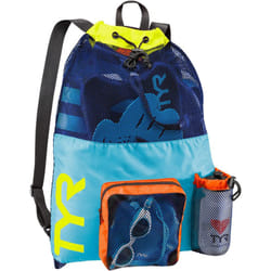 TYR Big Mesh Mummy Backpack for Wet Swimming  Gym  and Workout Gear  Blue/Yellow