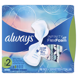 Infinity Size 2 Feminine Pads with Wings, Super Absorbency, Unscented, 16 Count (Packaging May Vary) (Packaging May Vary)