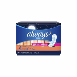Always Maxi Overnight Pads Wingless, Unscented, Size 4, 28 Ct