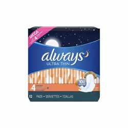 Always Ultra Thin Overnight Pads with Wings Unscented, Size 4, 52 Ct