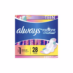 Always Radiant Teen Regular Flow Pads with Wings, Unscented, 28 Ct
