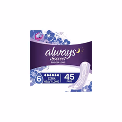 Always Discreet Incontinence & Postpartum Incontinence Pads for Women, Overnight Absorbency, Extra Heavy Long, 45 Count