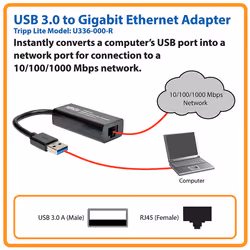 Tripp Lite U336-000-R USB 3.0 to Gigabit Ethernet NIC Network Adapter - 10/100/1000 Mbps, Black - Additional view 6