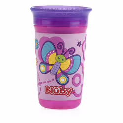 Nuby 360 Degree Easy Sip 3D Grip Wonder Cup with Printed Silicone Sleeve  Purple  Butterfly  10 Oz