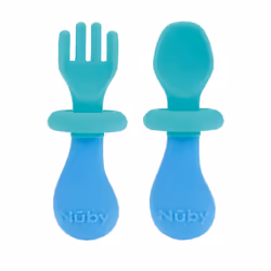 Nuby First Fork and Spoon Set - Utensils with Safety Guards for Babies 6+ Months - Green and Blue