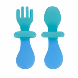 Nuby First Fork and Spoon Set - Utensils with Safety Guards for Babies 6+ Months - Green and Blue