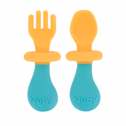 Nuby First Fork and Spoon Set - Utensils with Safety Guards for Babies 6+ Months - Orange and Aqua