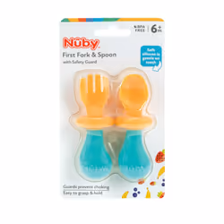 Nuby First Fork and Spoon Set - Utensils with Safety Guards for Babies 6+ Months - Orange and Aqua