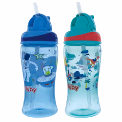 Nuby 2-Pack Thirsty Kids No-Spill Flip-it Printed Boost Cup with Thin Soft Straw - 12oz  18+ Months  2-Pack  Blue Astronaut & ...