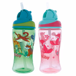 Nuby 2-Pack Thirsty Kids No-Spill Flip-it Printed Boost Cup with Thin Soft Straw - 12oz 18+ Months 2-Pack Pink Fox & Green ...