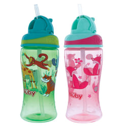 Nuby 2-Pack Thirsty Kids No-Spill Flip-it Printed Boost Cup with Thin Soft Straw - 12oz  18+ Months  2-Pack  Pink Fox & Green Tiger