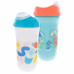 Nuby No Spill Insulated Cool Sipper Transition Cup with Soft Slicone Rim Spout | 9 oz/ 270 ml | 2 Pack Printed: Aqua Animals ...