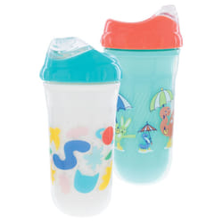 Nuby No Spill Insulated Cool Sipper Transition Cup with Soft Slicone Rim Spout | 9 oz/ 270 ml | 2 Pack Printed: Aqua Animals & White Shapes | 18 month