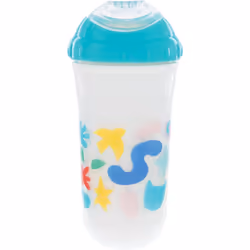 Nuby No Spill Insulated Cool Sipper Transition Cup with Soft Slicone Rim Spout | 9 oz/ 270 ml | 2 Pack Printed: Aqua Animals & White Shapes | 18 month