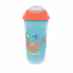 Nuby No Spill Insulated Cool Sipper Transition Cup with Soft Slicone Rim Spout | 9 oz/ 270 ml | 2 Pack Printed: Aqua Animals & White Shapes | 18 month