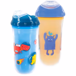 Nuby No Spill Insulated Cool Sipper Transition Cup with Soft Slicone Rim Spout | 9 oz/ 270 ml | 2 Pack Printed: Blue Dinosaur ...