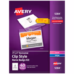 Avery Customizable Name Badges with Clips  3"" x 4""  Clear Name Tag H