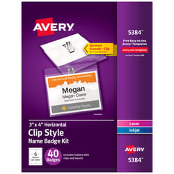 Avery Customizable Name Badges with Clips  3"" x 4""  Clear Name Tag H