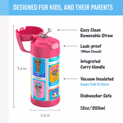 THERMOS FUNTAINER Water Bottle with Straw - 12 Ounce L.O.L Surprise - Kids Stainless Steel Vacuum Insulated Water Bottle with Lid