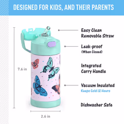 THERMOS FUNTAINER Water Bottle with Straw  12 Ounce  Butterfly Frenzy  Kids Stainless Steel Vacuum Insulated Water Bottle with