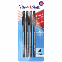 Paper Mate Erasermate Stick Medium Tip Ballpoint Pens  4 Black Ink Pens (3164458PP)