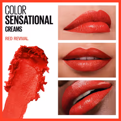 Maybelline Color Sensational Lipstick  Lip Makeup  Cream Finish  Hydrating Lipstick  Nude  Pink  Red  Plum Lip Color  Red Revival  0.15 oz; (Packaging