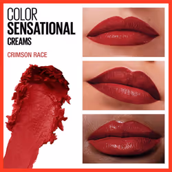 Maybelline Color Sensational Lipstick  Lip Makeup  Cream Finish  Hydrating Lipstick  Nude  Pink  Red  Plum Lip Color  Crimson Race  0.15 oz; (Packagin