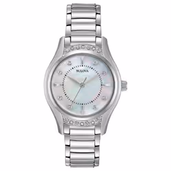 Bulova Ladies' Classic Diamond 3-Hand Quartz Stainless Steel Watch 16 Diamonds Mother-of-Pearl Dial Curved Mineral Crystal ...