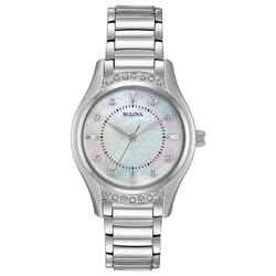 Bulova Ladies' Classic Diamond 3-Hand Quartz Stainless Steel Watch  16 Diamonds  Mother-of-Pearl Dial  Curved Mineral Crystal  Silver Tone