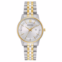 Bulova Ladies' Classic Diamond Two-Tone Gold Stainless Steel 3-Hand Calendar Date Quartz Watch Silver Dial Style: 98P197