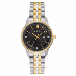 Bulova Ladies' Classic Diamond Two-Tone Gold Stainless Steel 3-Hand Calendar Date Quartz Watch Black Dial Style: 98P198