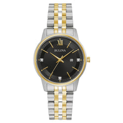 Bulova Ladies' Classic Diamond Two-Tone Gold Stainless Steel 3-Hand Calendar Date Quartz Watch  Black Dial Style: 98P198