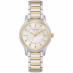 Bulova Ladies Classic Diamond 3Hand Quartz Stainless Steel Watch 16 Diamonds MotherofPearl Dial Curved Mineral Crystal T