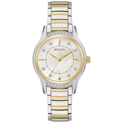 Bulova Ladies Classic Diamond 3Hand Quartz Stainless Steel Watch  16 Diamonds  MotherofPearl Dial  Curved Mineral Crystal  T