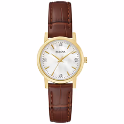 Bulova Ladies' Classic Diamond Gold Stainless Steel 3-Hand Quartz Watch Brown Leather Strap 27mm Style: 97P170