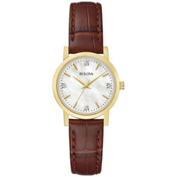 Bulova Ladies' Classic Diamond Gold Stainless Steel 3-Hand Quartz Watch  Brown Leather Strap  27mm Style: 97P170