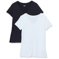 Amazon Essentials Women's Tech Stretch Short-Sleeve V-Neck T-Shirt (Available in Plus Size)  Pack of 2  Black/White  Large