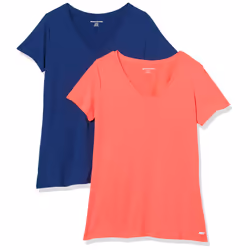 Amazon Essentials Women's Tech Stretch Short-Sleeve V-Neck T-Shirt (Available in Plus Size)  Pack of 2  Bright Pink/Navy  X-S ...