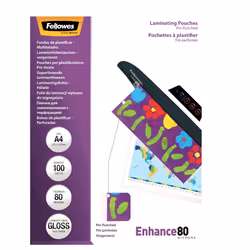 Fellowes A4 Pre-Punched 80 Micron Laminating Pouch, Transparent, Plastic, A4, 232 mm, 1 mm, 308 mm