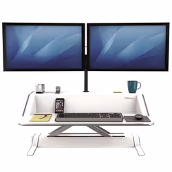 Fellowes Sit Stand Desk Riser - Lotus Height Adjustable Sit Stand Desk Converter with Cable Management - No Assembly Required - Max Weight 15.8KG - White