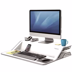 Fellowes Sit Stand Desk Riser - Lotus Height Adjustable Sit Stand Desk Converter with Cable Management - No Assembly Required - Max Weight 15.8KG - White