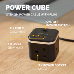 Fellowes Power Cube with 3 Power Socket Extension USB-A & USB-C Ports Black - Additional view 4