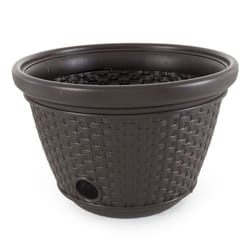 Suncast Plastic Wicker Outdoor Garden Hose Storage Holder Hideaway Pot for 100 Foot Long Hoses with 4 Drain Holes for Porch or Garden  Java